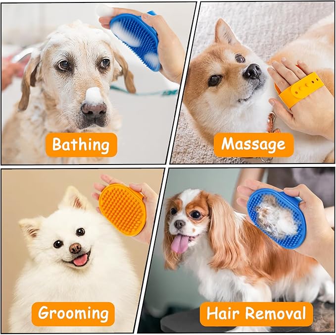 Ponpon 3PCS Dog Bath Brush with 4Pcs Toothbrush, Scrubber and Shampoo Brush with Adjustable Ring Handle, Shower Brush for Long and Short Hair