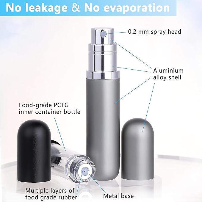 Travel Refillable Perfume Atomizer Bottle 2-Pack 5ml Leakproof Travel Perfume Refillable Bottle (Black & Gray)