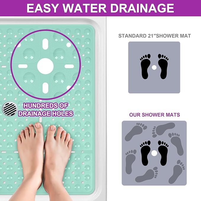 Reetual XL Shower Mat Non Slip - 27x27 Bath Mat for Shower Stall or Large Bathtub Mat with 240 Powerful Suction Cups and Drain Holes. Black Shower Mats for Bathroom (Aqua Green)