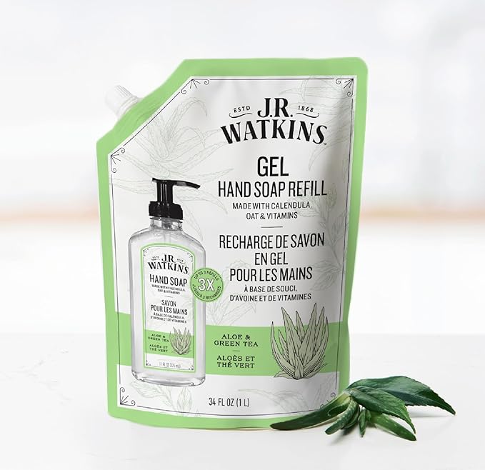 J.R. Watkins Gel Hand Soap Refill, Moisturizing Hand Wash, Formulated with Plant-Based Cleansers, Alcohol-Free, Cruelty-Free, Aloe & Green Tea, 34 Fl Oz, 2 Pack