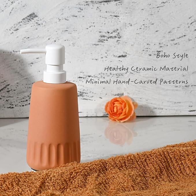 Boho Terracotta and White Ceramic Soap Dispenser, 11 oz Decorative Refillable Hand or Dish Soap Pump for Bathroom or Kitchen, Orange and White