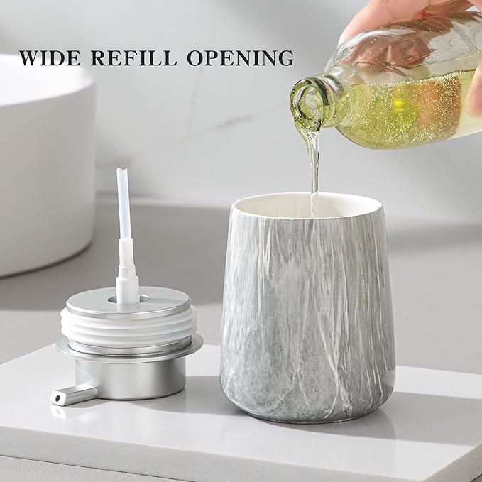 Enra Ceramic Hand Soap Dispenser,12 oz Gray Lotion Dispenser Bathroom Liquid Refillable Dish Soap Dispenser for Bathroom Kitchen with Easy-to-Press Pump (Gray Liquid Type)