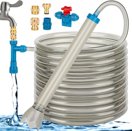 fishkeeper 50FT Aquarium Gravel Vacuum Water Changer - Flow Adjustable Faucet Universal Siphon Quick Pump with 6 Adapters, Bucket-Free Fish Tank Cleaning Tools for Drain & Fill (2025 New)