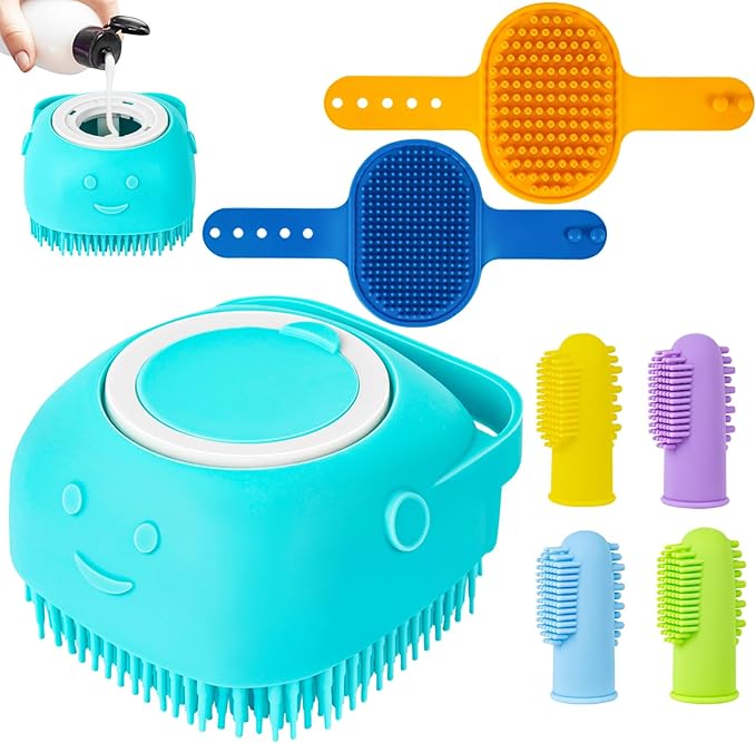 Ponpon 3PCS Dog Bath Brush with 4Pcs Toothbrush, Scrubber and Shampoo Brush with Adjustable Ring Handle, Shower Brush for Long and Short Hair