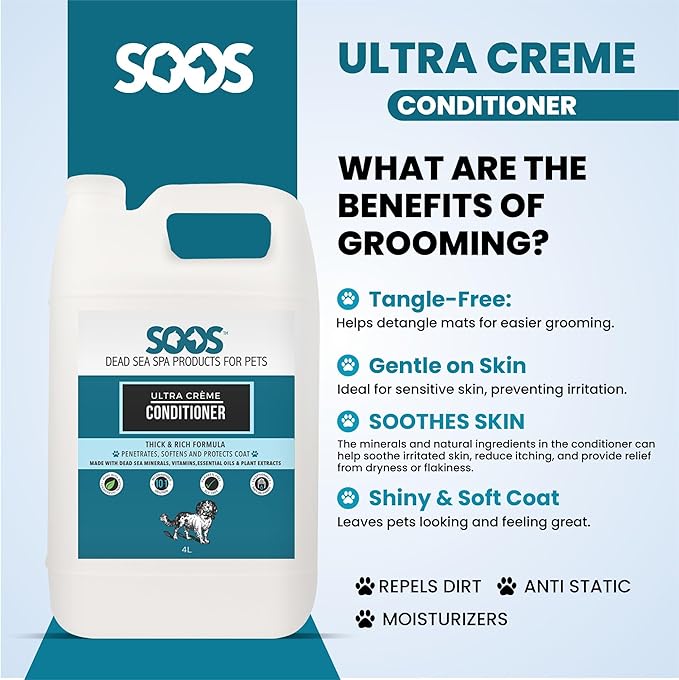 Soos Pet Conditioner Ultra Crème Natural Dead Sea Minerals Smoothness Polish Deeply Absorbing with Vitamins Essential Oils Natural Ingredients for Dogs and Cats - 1 Pack (4L)