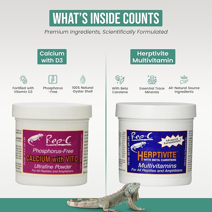 Reptile Calcium with D3 3.3 oz. Herptivite multivitamin 3.3 oz. for Reptiles and Amphibians, with Microfiber Cleaning Cloth (Herptivite multivitamin for Reptiles, Ultrafine Calcium Powder with D3)