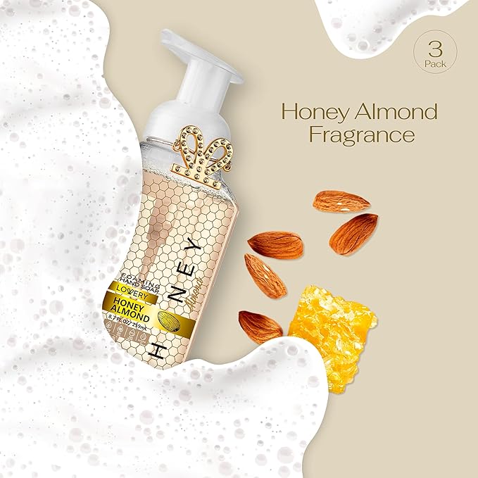 Valentines Foaming Hand Soap, 26.25 fl oz - 3-Pack Scented Hand Wash for Kitchen, Bathroom, Alcohol-Free, Moisturizing Hand Soap with Aloe and Essential Oils in Honey Almond Scent - Free Bracelet