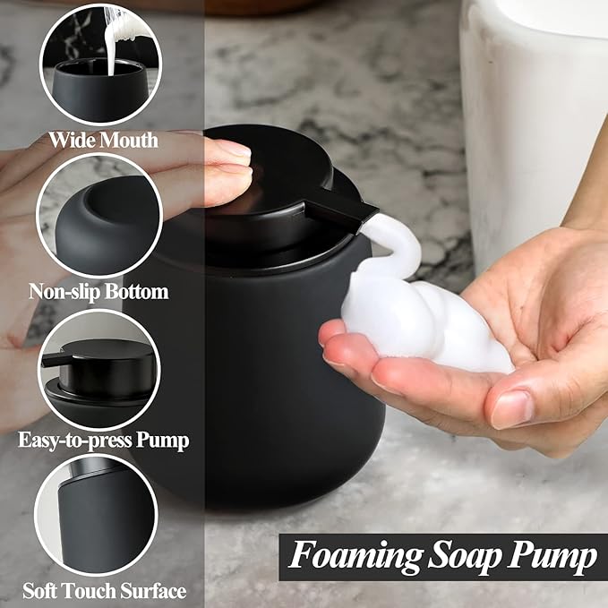 BosilunLife Foam Hand Soap Dispenser - 12 oz Bathroom Lotion Hand Pump Dispenser Black Foaming Hand Soap Dispenser Ceramic Dish Liquid Dispenser for Kitchen Hand Wash Dispenser (Rubber Paint)