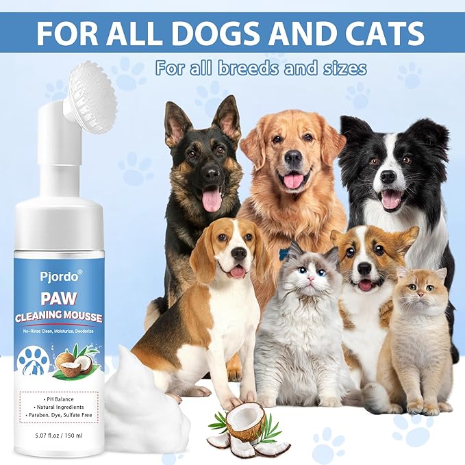 Paw Cleaner for Dogs and Cats, No-Rinse Foaming Cleanser, PH Balanced Deodorizing Paw Wash with Silicone Brush, Dog Paw Scrubber, Foot Cleaner Brush for Dogs Large Medium Small XL Breed