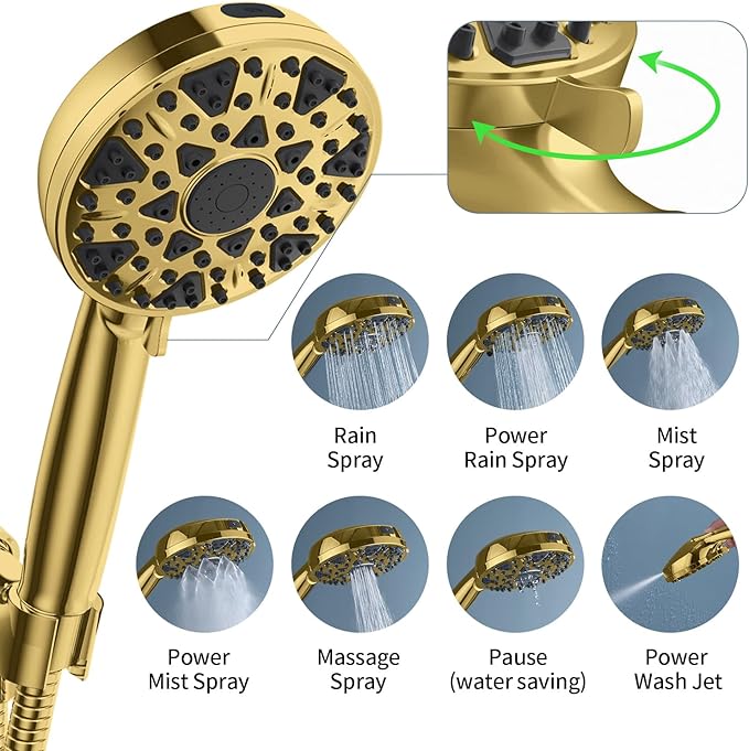 High Pressure Shower head with Handheld 7 Modes, Built-in Power Wash to Clear Tub. Tile & Pets, 5” High Flow Hand Held Hydro Rain Showerhead with Stainless Steel Hose and Adjustable Bracket-Brush Gold