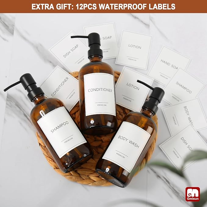 GMISUN Shampoo and Conditioner Dispenser, 3 Pack Amber Glass Bathroom Shampoo Conditioner Body Wash Dispenser with Pump for Shower, 17 Fl Oz Hand Soap Dish Soap and Lotion Dispenser Set for Kitchen