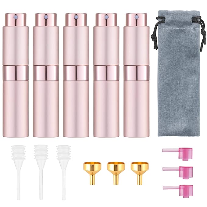 Tekson 5PCS 8ml Travel Perfume Atomizer Refillable, Mini Cologne Spray Bottle Empty, Small Aftershave Sprayer for Liquid Dispenser (Pink)
