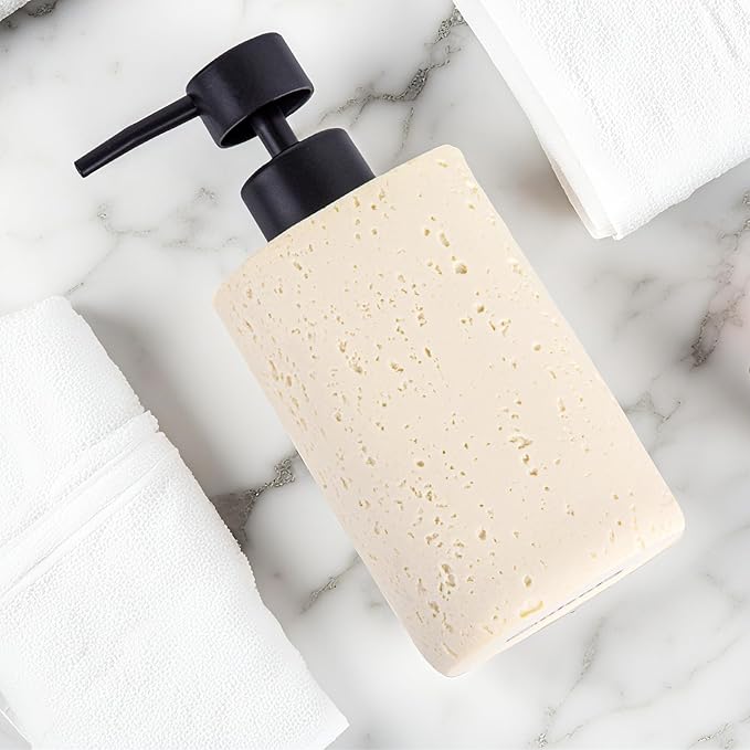 2 Pack Beige Resin Soap Dispensers, Refillable Liquid Lotion Dispenser Bottles with Travertine-Look for Bathroom and Kitchen Countertop, Modern Stone Texture (10.8 oz)