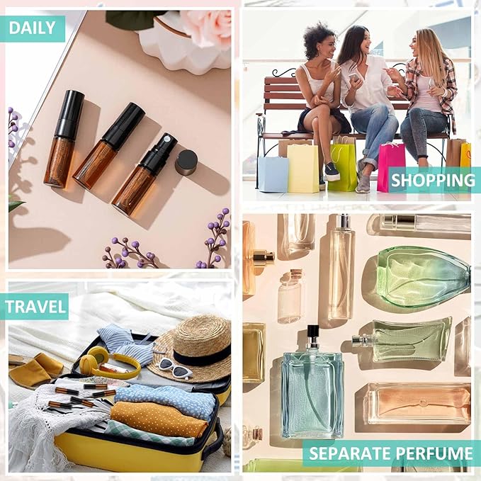 Zhehao 50 Pcs Mini Spray Bottles 3ml Clear Glass Perfume Bottles Refillable Fine Mist Perfume Atomizer Portable Empty Sample Containers for Cleaning, Essential Oils, Travel (Amber)