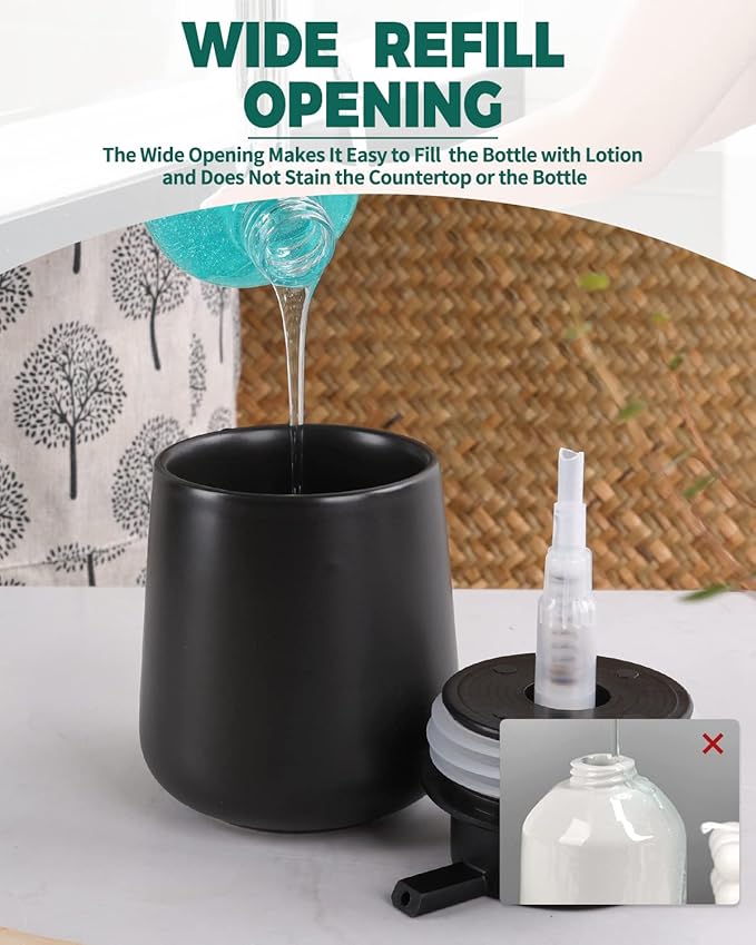 Bosilunlife Black Lotion Dispenser - 12Oz Ceramic Soap Dispenser Bathroom Refillable Liquid Hand Wash Dispenser for Bathroom Kitchen Dish Soap Dispenser with Easy-to-Press Pump