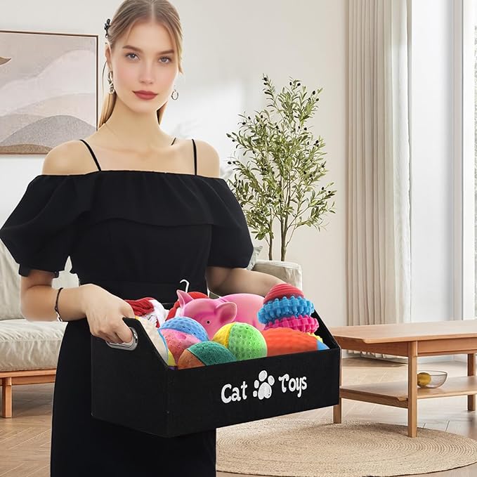Cat Toy Basket, Kitten Toys Storage Organizer Foldable Fabric Bin Pet Supplies Chest Holder Trapezoid Container with Metal Handles for Organizing Cats Clothes Accessories, Black