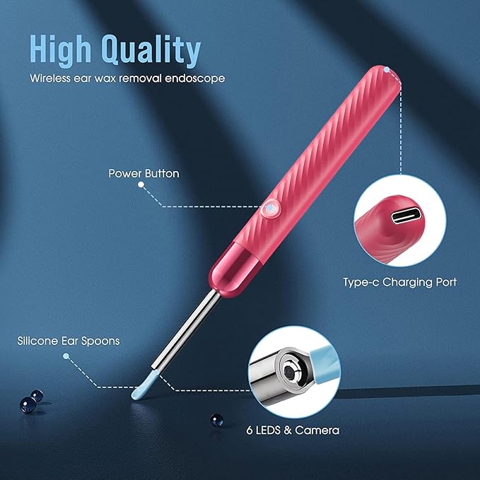 Ear Wax Removal - 1080P Camera Earwax Remover Tool - Ear Canal Cleaner - Ear Cleaning Kit - Ear Camera for iOS & Android (Pink)