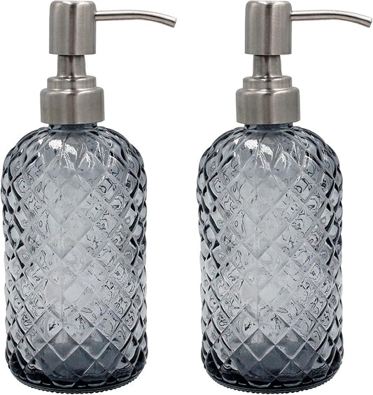 16 oz Diamond Pattern Glass Soap Dispenser, Kitchen and Bathroom Refillable Soap Dispenser with Rust Resistant Stainless Steel Pump for Hand Soap, Lotion Glass Liquid Dispenser(Grey-2pack)