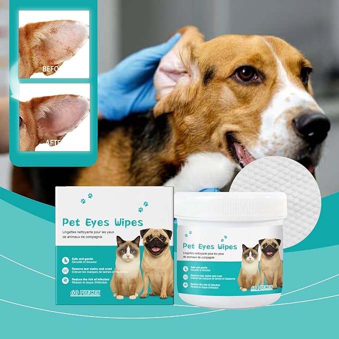 Pet Eye Wipes for Dogs & Cats, Tear Stain Remover for Dogs, Dog Ear Wipes, Cat Ear Cleaner, Non-Irritating, Remove Ear Wax and Dirt with Natural Ingredients - 60 Counts