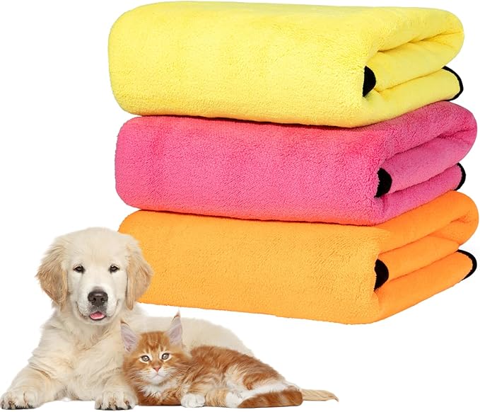 MICOOYO 3PCS Dog Towels for Drying, Super Absorbent Pet Grooming Towels, Quick Drying Dog Bath Towel for Puppy Cats (Yellow, Pinkcolor, Orange, M)