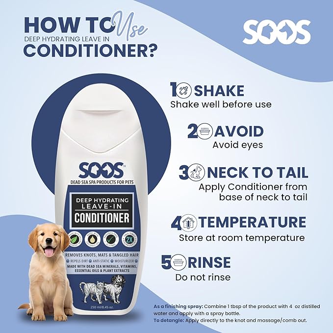 Soos Pets Deep Hydrating Leave-in Conditioner for Dogs and Cats | Natural Dead Sea Minerals & Vitamins | Skin Moisturizer, Polish Deeply, Enhance Coat Shine & Softness - 250ml