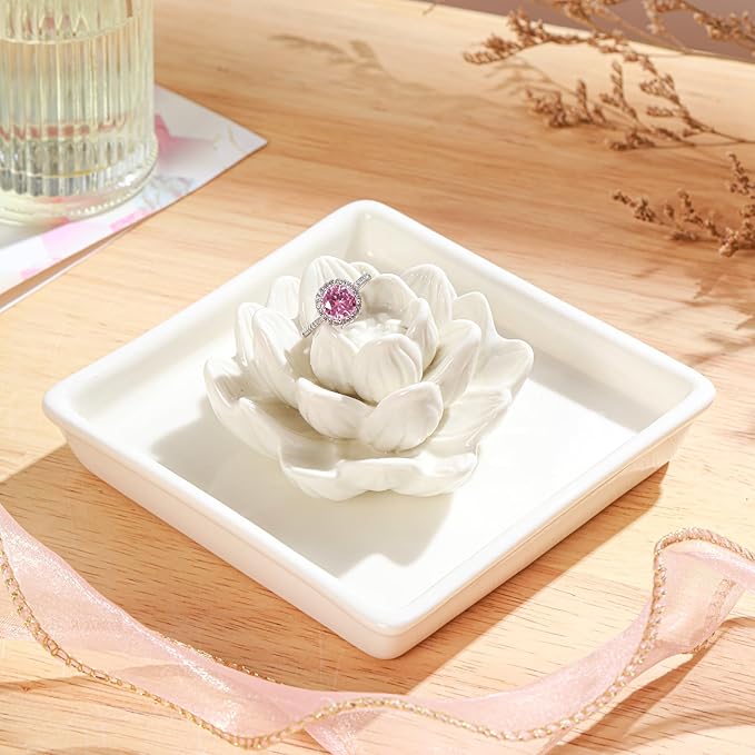PUDDING CABIN White Lotus Ring Holder Dish, Jewelry Holder for Rings Earrings Necklace Bracelets Organizer, Birthday Wedding Christmas White Valentine's Day Gifts for Women Her