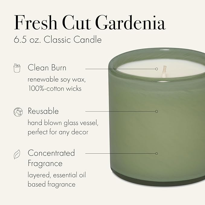 LAFCO New York Classic Candle, Fresh Cut Gardenia - 6.5 oz - 50-Hour Burn Time - Reusable, Hand Blown Glass Vessel - Made in The USA