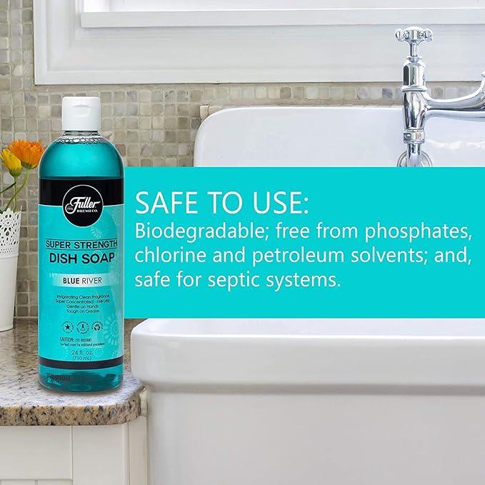 Fuller Brush Super Strength Dish Soap ? Economical ? Use Much Less ? For Dishes, Glasses, Silverware, Utensils, Pots, Pans, Countertops, Tables ? Invigorating Fragrance (Blue River)