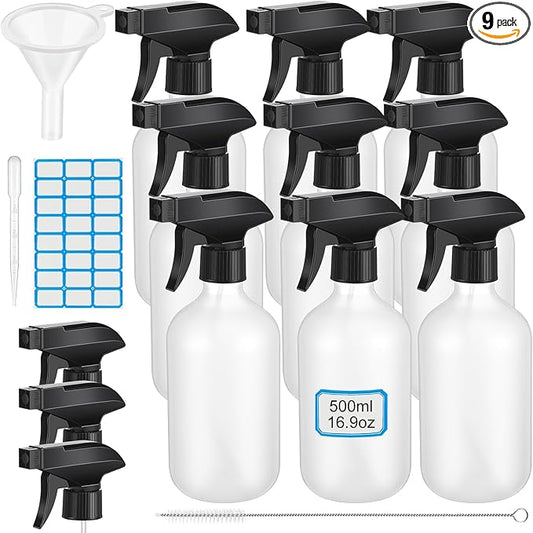 9 Pack 16oz/500ml Plastic Spray Bottle Bulk for Plant Small Spray Bottle Fine Mist Water Sprayer Upgraded Adjustable Nozzle Refillable Empty Containers for Cleaning, Hair, Cooking(Frosted)
