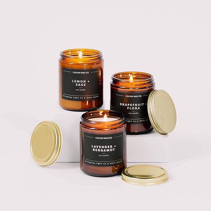 Calyan Wax Co. Soy Wax Candle, Evergreen + Eucalyptus Scented Candle, 57 Hour Burn Time, Aromatherapy Soy Candles, Non Toxic & Vegan Soy Wax, Amber Glass Jar Scented Candles, 7.2oz