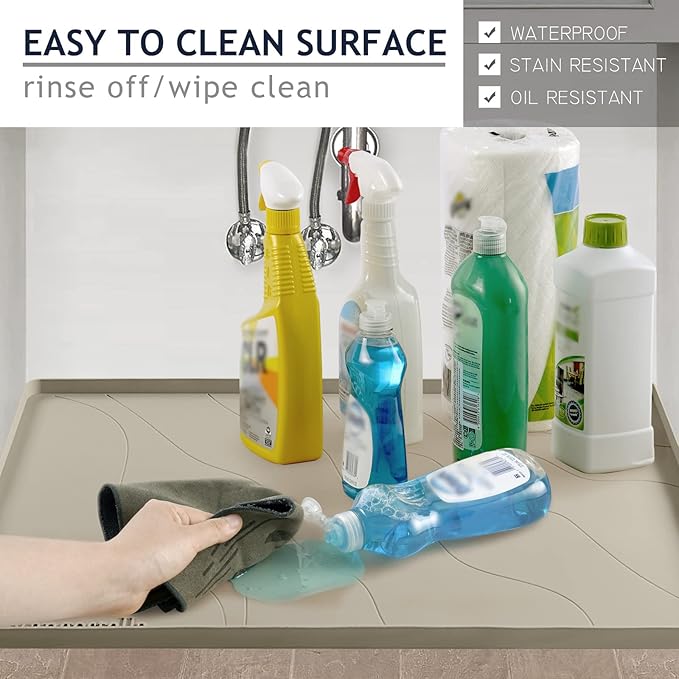 Heavy Duty Silicone Under Sink Mats for Kitchen Waterproof 37" x 19", Extra Thick Under Sink Rubber Mat Drip Tray, Raised Edge Under Sink Liner,Prevent Drips, Leaks, Spills,Brown