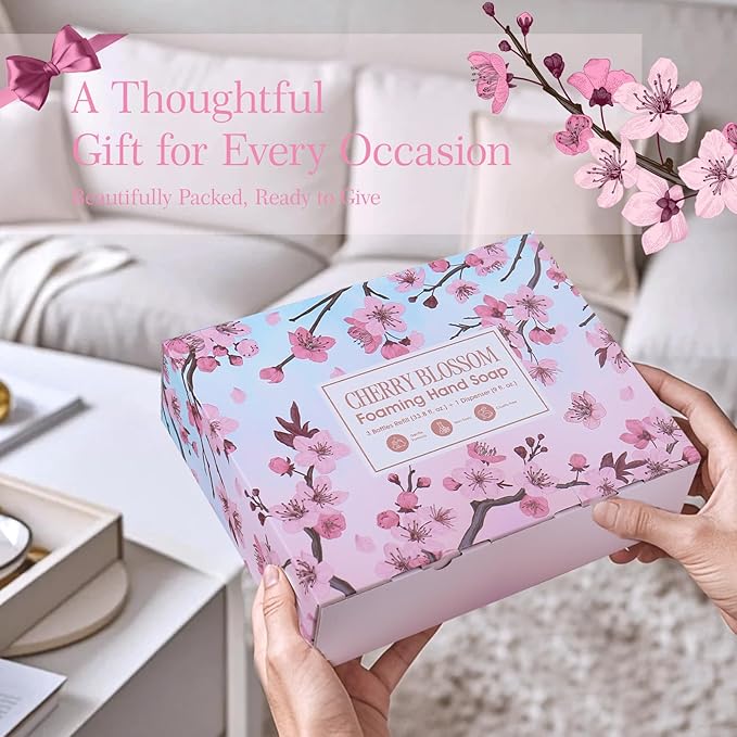 ROMIIE ZOI Cherry Blossom Foaming Hand Soap Refill Gift Set – 3 Pack*33.8 Fl Oz with Refillable Dispenser, Refreshing Floral Scent, Moisturizing & Chemical-Free for Bathroom, Kitchen, Sensitive Skin