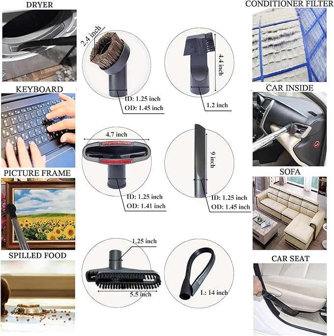 1.25 Inch Vacuum Brush Attachment Kit Compatible with Vacuum Cleaners Using 1-1/4'' Accessories - 1.25 Inch Shop Vac Accessories: Horse Hair Dust Brush, Vacuum Extension Wand and More (7 Pack)