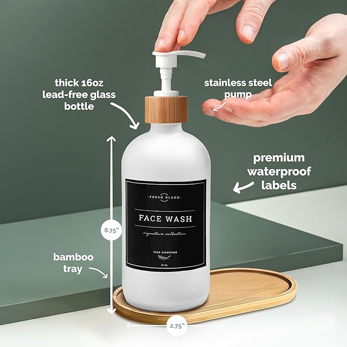 Vine Creations White Glass Soap Dispenser Set - Kitchen Soap Dispenser Set with Tray - Bamboo Dish Soap and Hand Soap Dispensers Set for Bathroom - White Kitchen Decor with Waterproof Labels