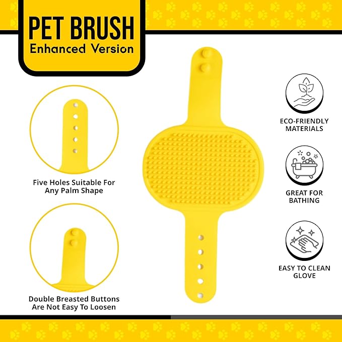Silicone Dog Bath Brush – Soft Pet Scrubber for Bathing & Grooming – Shampoo Brush for Dogs, Cats & Puppies – Adjustable Strap – Choose from 5 Colors (Yellow)