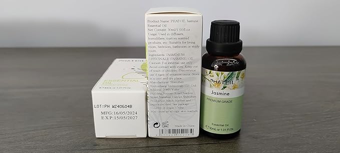 Jasmine Essential Oil 1.01fl.oz/30ml, PHATOIL Jasmine Oils Long Lasting Scents for Aromatherapy, Diffuser, DIY Soap and Candle Making