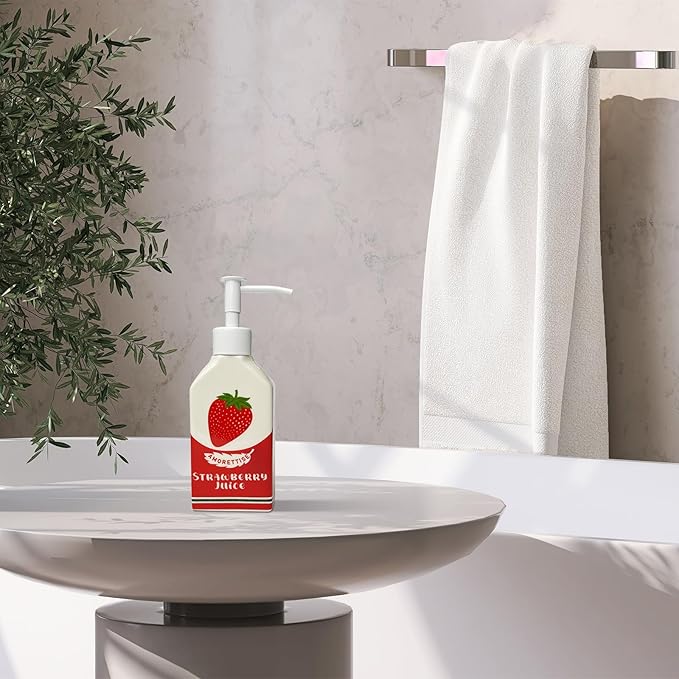 Ceramic Strawberry Juice Bottle Soap Dispenser, Refillable Lotion Bottle for Bathroom Kitchen Dish Soap (Strawberry)