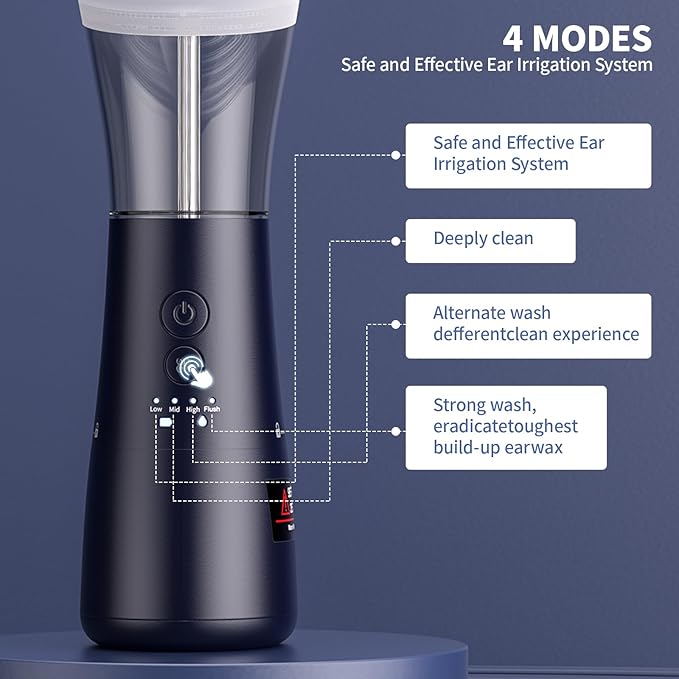 Upgraded Ear Wax Removal Kit, 4-Mode Electric Ear Cleaner - IPX7 Waterproof, Earwax Cleaning Kit with Water Temperature Sensor, 2in1 Waste Tank Design for Home Use (Blue)