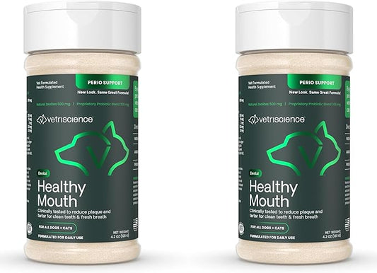 VetriScience Healthy Mouth Dog Dental Powder, 2Pack – Helps Reduce Plaque & Tartar Buildup, Support Clean Teeth,Fresh Breath, Vet-Formulated Oral Care Powder for Dogs Cats, NASC Certified, 2 x 4.2oz