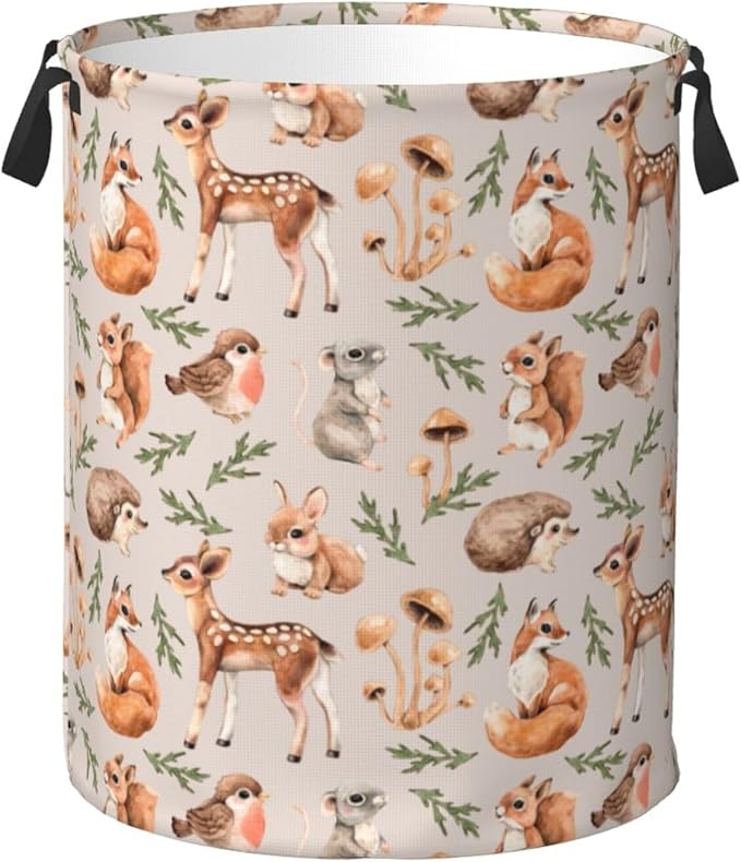 Forest Little Animal Laundry Hamper Bag, Deer Squirrel Hedgehog Fox Round Laundry Basket Foldable Clothes Storage Organizer For Bathroom Bedroom Nursery Dorm, S-16.5"X 13.8"