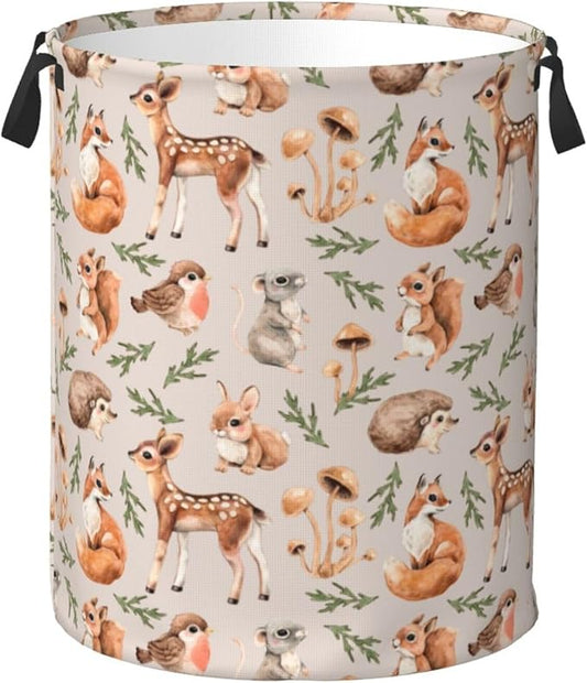 Forest Little Animal Laundry Hamper Bag, Deer Squirrel Hedgehog Fox Round Laundry Basket Foldable Clothes Storage Organizer For Bathroom Bedroom Nursery Dorm, S-16.5"X 13.8"