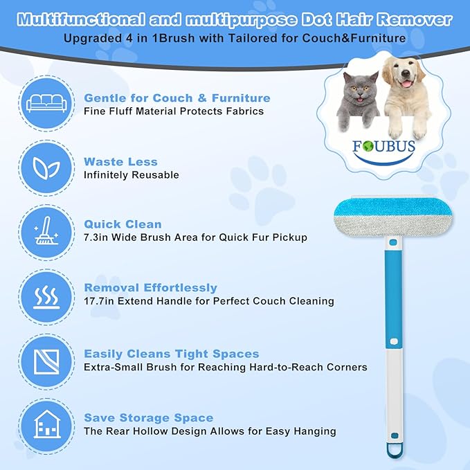 4 in 1 Multifunctional Pet Hair Removal Tool, Dog&Cat Hair Remover for Couch Carpet Furniture, Pet Hair Removal Broom with 17.7Inch Extendable Long Handle&Reusable Washable Cat Hair Remover Brush