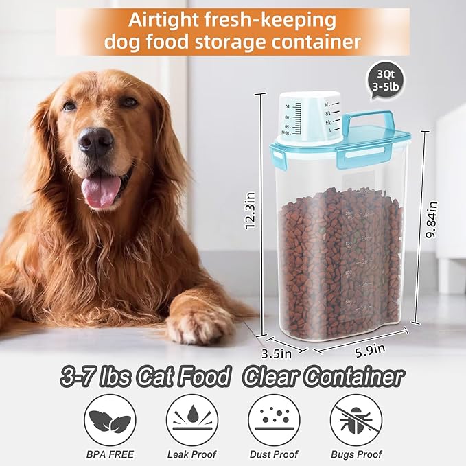 3-5Lbs/3Qt Dog Cat Food Storage Container With foldable bowl. Plastic Pet Food Dispenser for Small Animal Kibble/Pet Food/Bird Seed/Oatmeal/Rice/Flour/Brown Sugart/Cereals (Clear Bule)
