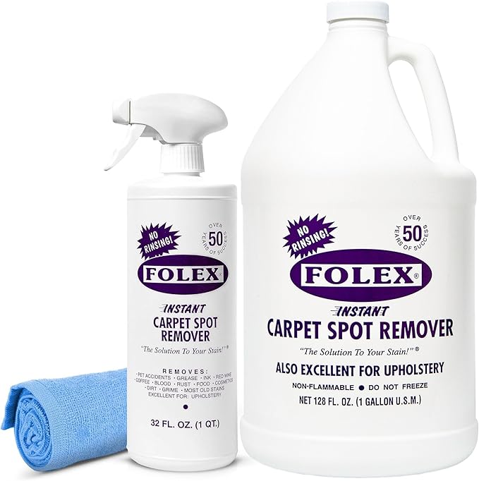 FOLEX 32 oz Instant Carpet Spot Remover Carpet Cleaner with Reusable Cleaning Cloth - Removes Pet Accidents, Grease, Red Wine and More (1 Pack + Refill)
