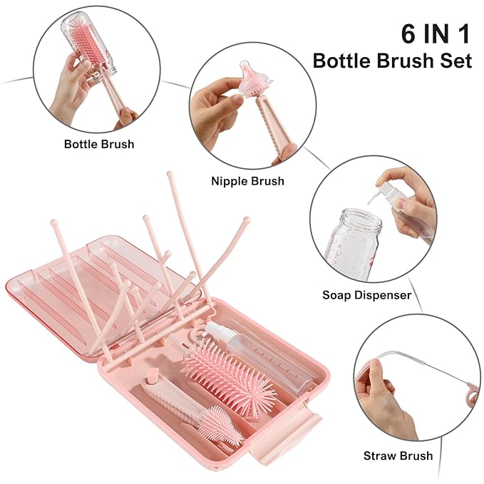 Baby Bottle Brush Set-6 in 1 Bottle Brush Cleaner with Silicone Bottle Brush,Drying Rack,Nipple Brush,Straw Brush,Soap Dispenser&Storage Box-Baby Essentials Gifts for Home&Travel(Pink)