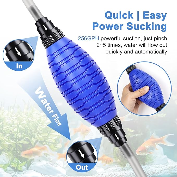 fishkeeper Quick Aquarium Siphon Pump Gravel Cleaner - 256GPH Adjustable Powerful Fish Tank Vacuum Gravel Cleaning Kit for Aquarium Water Changer, Sand Cleaner, Dirt Removal