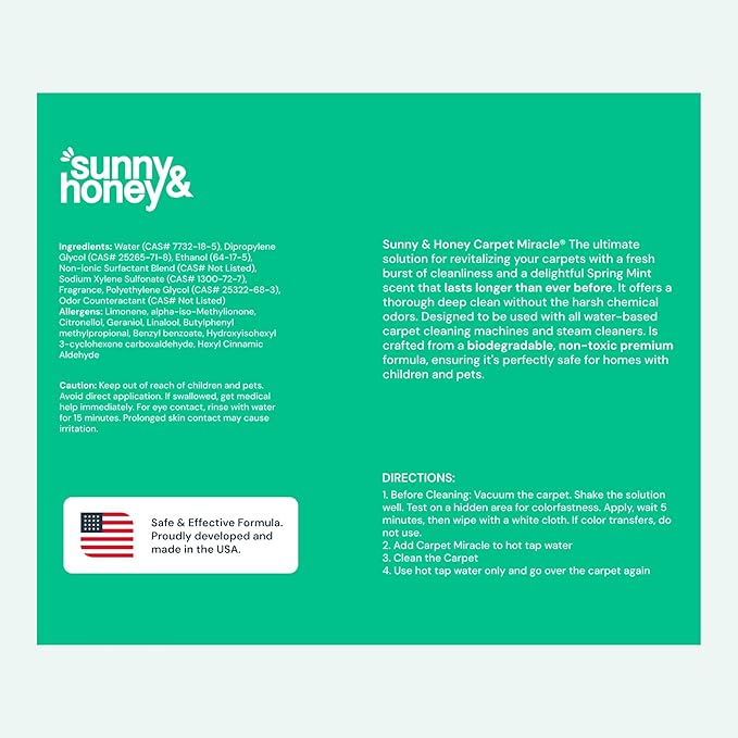 Sunny & Honey Carpet Cleaner Solution - 128 Fl Oz, Spring Mint Scent - Carpet Shampoo & Pet Stain Remover for Upholstery & Rugs, Works With Steam Cleaners