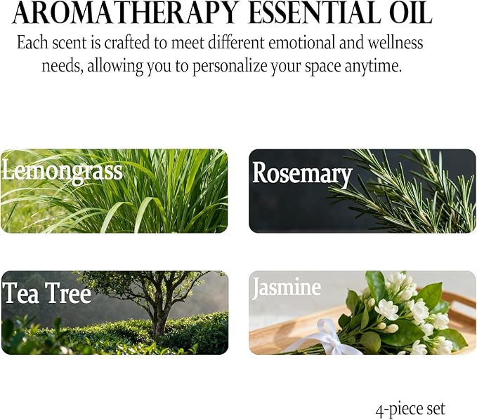 Lemongrass Rosemary Tea Tree Jasmine Essential Oils Set - 4x10ml Uplifting Blends for Energy & Mental Clarity