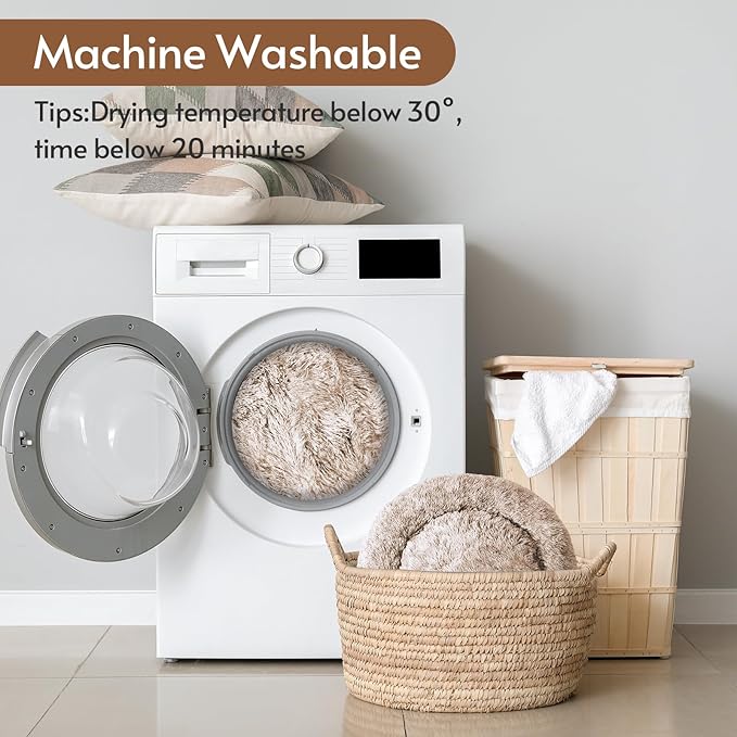 JOLLYVOGUE Small Dog & Cat Beds for Indoor Cats, Donut Cuddler Warming Soft Dog Beds with Anti-Slip Bottom, Round Calming Fluffy Plush Faux Fur Cushion Bed for Medium Dogs (27")