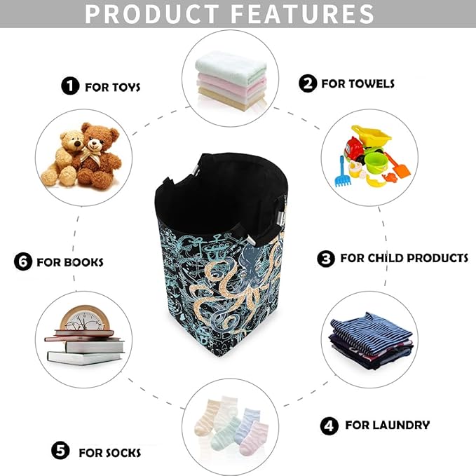 visesunny Vintage Octopus Anchor Large Laundry Bag Collapsible Oxford Fabric Laundry Hamper Foldable Portable Dirty Clothes Laundry Basket with Handles Waterproof Washing Bin Laundry Tote Bag